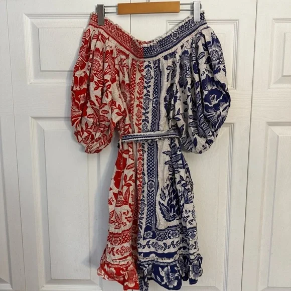 FARM Rio Mixed Pineapple Garden Off the Shoulder Mini Dress Red & Blue Medium - Picture 7 of 10